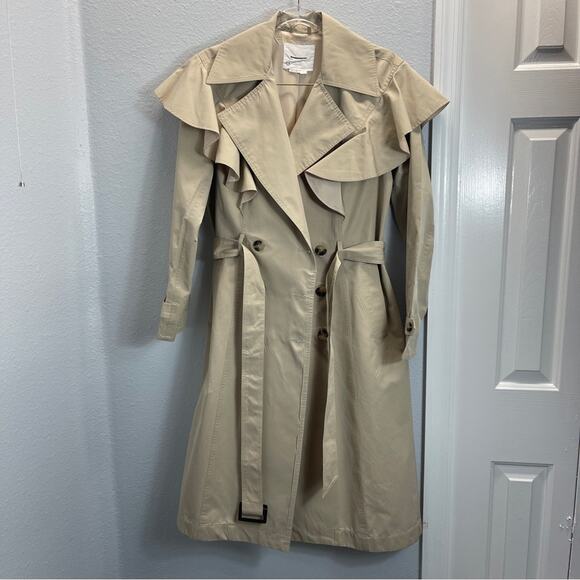 Anthropologie Ruffled Trench Coat Tan Khaki Midi - Picture 2 of 14